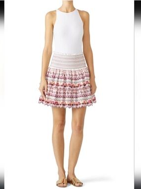 AMUR White and Pink Floral Smocked Tiered Mini Skirt